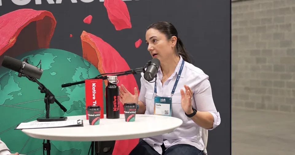 A guest mid-conversation at the Native Teams booth — a frame from the finished episode